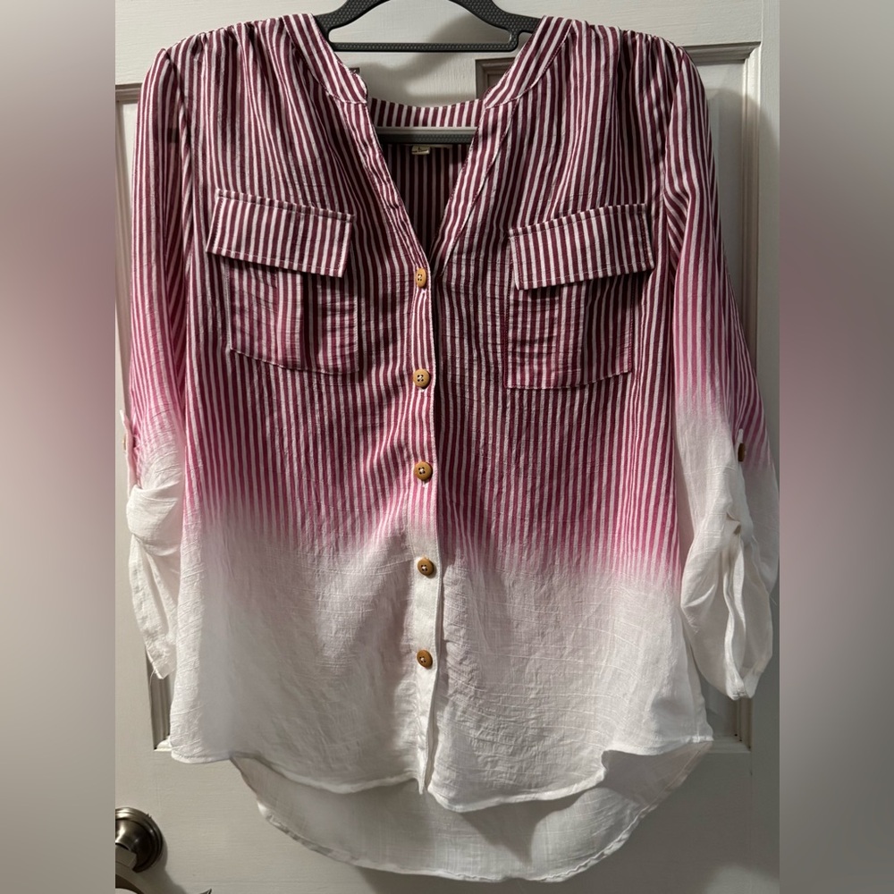 Indigo Rose Striped Button Down Blouse (Size: L)